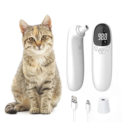 Cat beside Non Contact Pet Ear Thermometer For Cats And Dogs Infrared Quick Temp Read In One Second Safe And Gentle For Stress Free No Fuss At Home Vet Checks No Contact Reading White Finish with USB cable