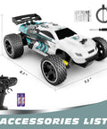 Kids RC Car 1 To 18 Scale Offroad Buggy With 2.4GHz Remote and accessories, showcasing dimensions and accessories included.