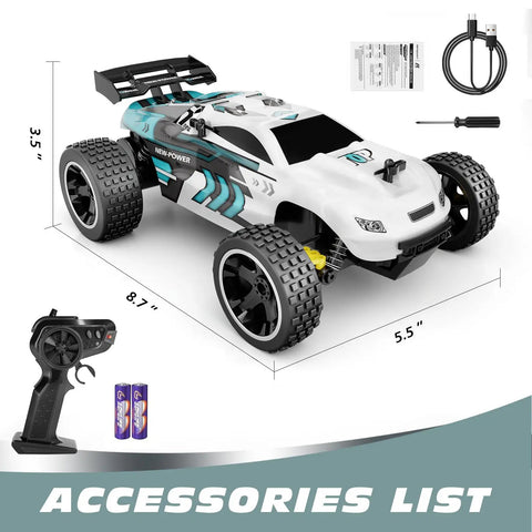 Kids RC Car 1 To 18 Scale Offroad Buggy With 2.4GHz Remote and accessories, showcasing dimensions and accessories included.