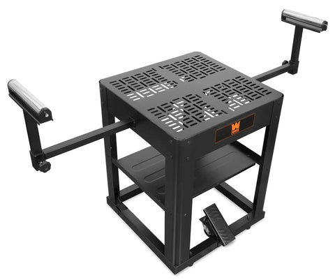 Rock Solid Multi Purpose Rolling Workbench For Planers And Miter Saws With Extendable Arms Span Fifty Four Inches shown with metal top and extendable arms.