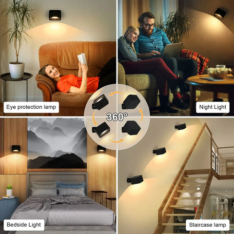 Cordless Black LED Wall Sconces With Remote And Touch Dimmer Battery Operated Reading Lights showcased in various home settings.