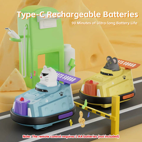 2 Pack Remote Control Cat And Mouse Ejecting Bumper Cars For Kids near charging station with cat and mouse figures
