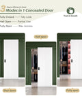 White Concealed Sliding Barn Door Kit Delivers A Slick Glide Ride And No Fuss Assembly displaying fully closed, half open, and fully open modes.