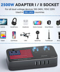 2500W adapter with US flag design and power sockets, suitable for dual voltage devices, showcasing compatible electronics