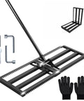 Pro Grade Heavy Duty Lawn Leveling Rake With Adjustable Length 16 To 77 Inches Stainless Steel Ground Soil Spreader and gloves