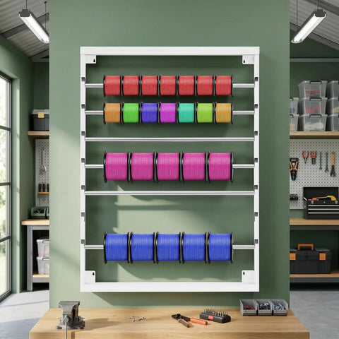 6 Rod Wall Mounted Wire Spool Rack Adjustable Cable Organizer For Garage Workshop Save Space Easy Install with colorful cords.
