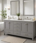 Rock Solid 96 Inch Bathroom Vanity With Double Sink And Pure White Quartz Countertop Featuring Fully Assembled Cabinets displayed in a modern bathroom.