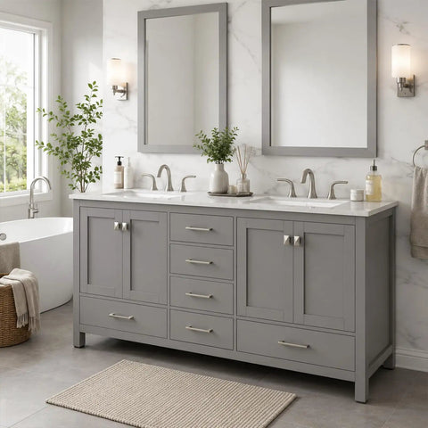 Rock Solid 96 Inch Bathroom Vanity With Double Sink And Pure White Quartz Countertop Featuring Fully Assembled Cabinets displayed in a modern bathroom.