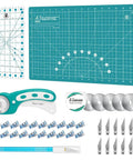 Headley Tools turquoise 45mm rotary cutter set with 5 spare blades, A3 cutting mat, quilting ruler and sewing clips