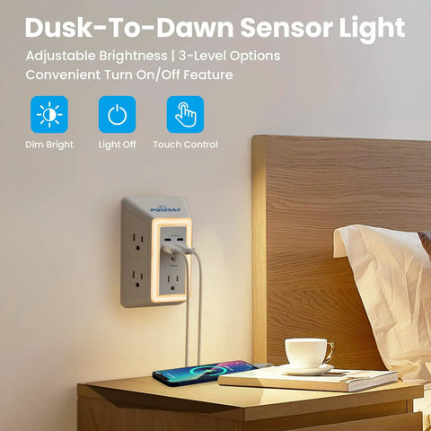 Multi Wall Outlet Surge Protector Plug And Play Setup With Five Adapter Spaced Outlets Four Usb C Fast Charge Ports Soft Night Light Etl Safe White Home Office Must Have installed next to bedside with smartphone and cup.