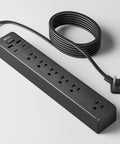 All In One Power Strip With 6 AC Outlets 2 USB C 2 USB A Four And A Half Foot Cord 900 Joules Surge Protection Mountable Overload Switch Protected Indicator Light Ideal For Home Office Gaming And Entertainment Black, shown on a white surface.