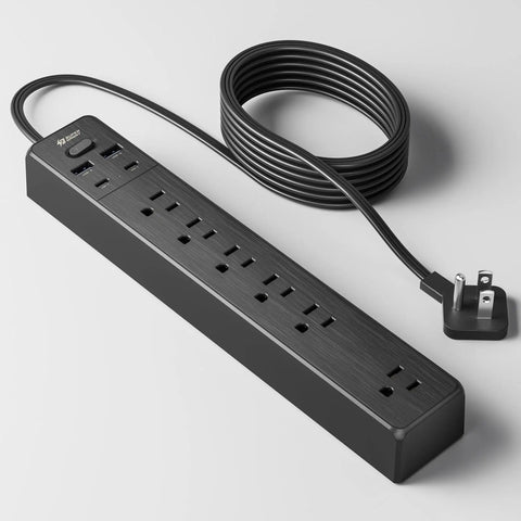 All In One Power Strip With 6 AC Outlets 2 USB C 2 USB A Four And A Half Foot Cord 900 Joules Surge Protection Mountable Overload Switch Protected Indicator Light Ideal For Home Office Gaming And Entertainment Black, shown on a white surface.