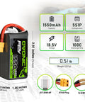 Beefy 5S 18.5V 1550mAh 100C LiPo Battery With XT60 Connector for RC FPV Racing Drones and Quadcopters specifications displayed