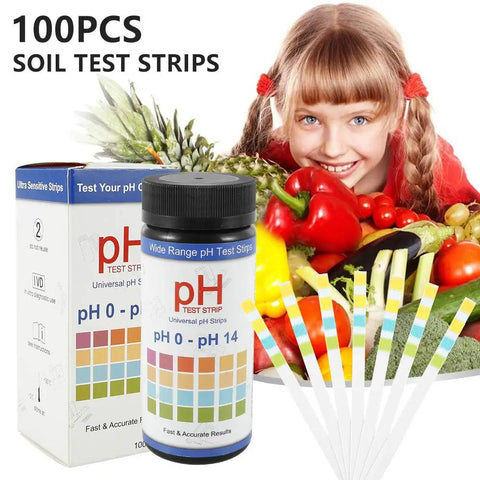 Soil PH Test Strips Kit With 100 Test Strips 0 To 14 PH Range Quick And Accurate Soil Tester For Plants Gardens displayed with vegetables