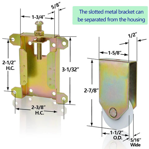Replacement Sliding Closet Door Rollers Hardware 4 Pack For Wardrobe Doors, Compatible With Wood Or Metal Framed Closets, One And One Half Inch Nylon Concave Ball Bearing Wheels, Two And One Half Inch Vertical Mounting, Part W8020C with detailed measurements and slotted metal bracket