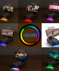 Phone Stand With Bluetooth Speaker And LED Color Changing Light showcasing video with vibrant color options for tech enthusiasts.