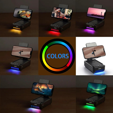 Phone Stand With Bluetooth Speaker And LED Color Changing Light showcasing video with vibrant color options for tech enthusiasts.