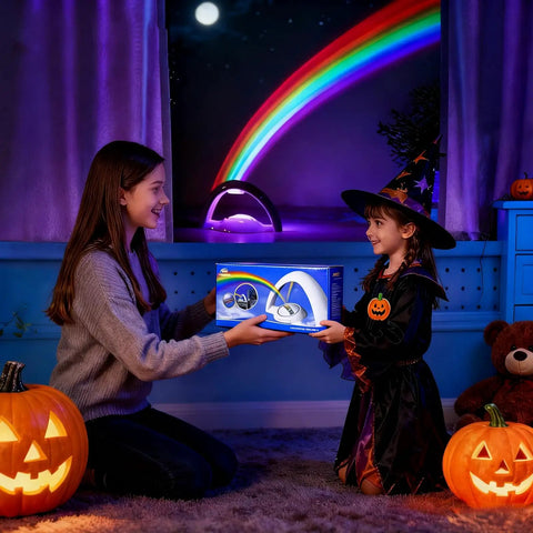 Child holding a Rainbow LED Lights USB Powered Projector Night Light For Bedroom Kids Room with auto shutoff in gift box