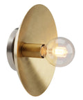 NautiGlow Modern Brass Brushed Wall Sconce with Round Backplate, Exposed Globe Light Fixture side view, showcasing brushed finish and bulb.