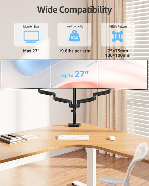 Triple Monitor Desk Mount For Up To 27 Inch Screens, Heavy Duty Arm System With Each Arm Holding 4.4 To 19.8 Lbs, Vesa Compatible, Black