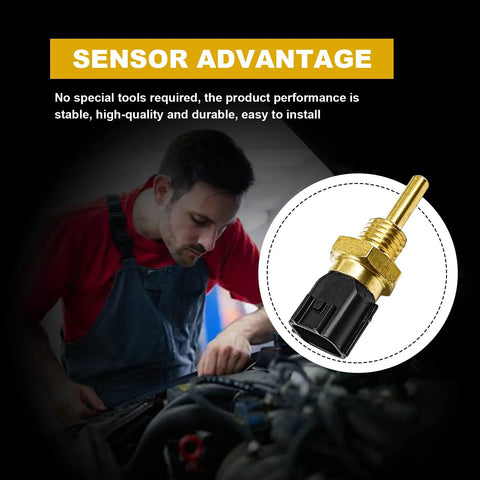 Coolant temperature sensor with brass body and black connector; mechanic at engine bay in background.