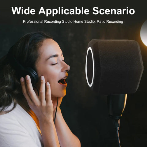 Professional Microphone Isolation Ball With Two Layer Pop Filter And High Density Foam For Ultra Clean Sound and Superior Noise Cancellation in use