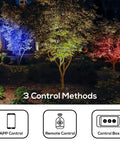 Seriously Slick Smart Outdoor RGBW Landscape Lights 5 Pack Color Changing Garden Yard Lawn Wall Tree Flags Fence LEDs IP68 Waterproof Alexa And Google Home Compatible App Voice Or Touch Control lighting up a garden with trees.