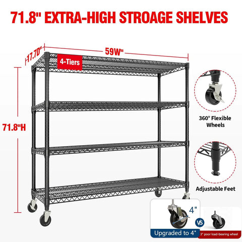Heavy Duty 2640 Pound Storage Shelves With Wheels, 71 Inch Tall Commercial Garage Shelving Unit displaying extra-high steel 4-tier design with adjustable feet.