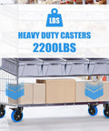 Caster wheels set: four blue 5-inch wheels with brakes on a metal rolling cart (front view)