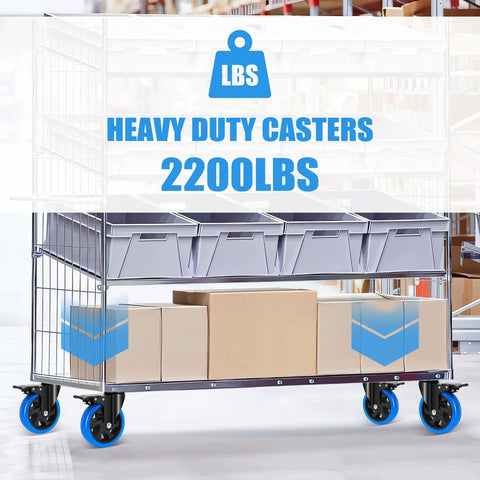 Caster wheels set: four blue 5-inch wheels with brakes on a metal rolling cart (front view)