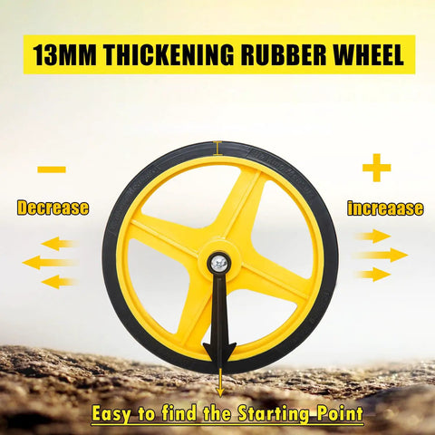 Image of a measuring wheel 6 inch distance meter with bold yellow wheel design and clear starting point arrow, rugged for outdoor use.