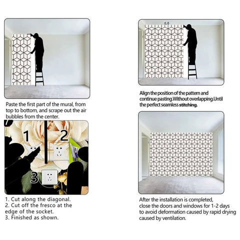 Elevate Your Home Digs With This Thick Textured Vinyl Wallpaper Roll Light Color Peel And Stick Removable Wall Covering installation steps on a wall.