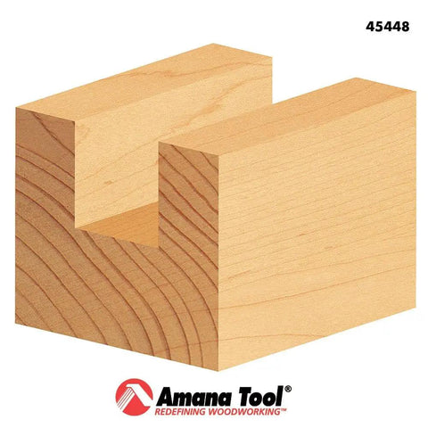 Cut wood block showing a groove, example of Carbide Tipped Straight Plunge Router Bit Built For Heavy Duty Production 1 Inch Diameter, 1-1/4 Inch Cutting Height, 1/2 Inch Shank, Two Flutes For Minimal Vibration And A Smooth Finish, 2-7/8 Inch Overall Length.