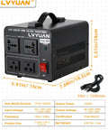 Go-To 1000W Step Up Down Voltage Transformer with dimensions and cable, showing US and universal outlets, resettable circuit breaker.