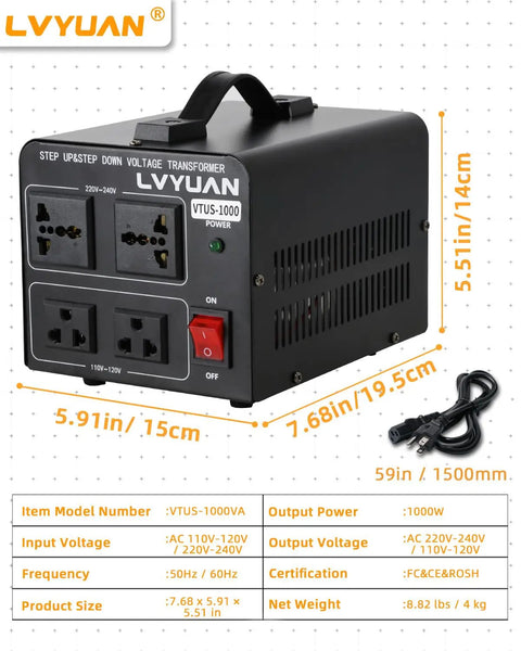 Go-To 1000W Step Up Down Voltage Transformer with dimensions and cable, showing US and universal outlets, resettable circuit breaker.