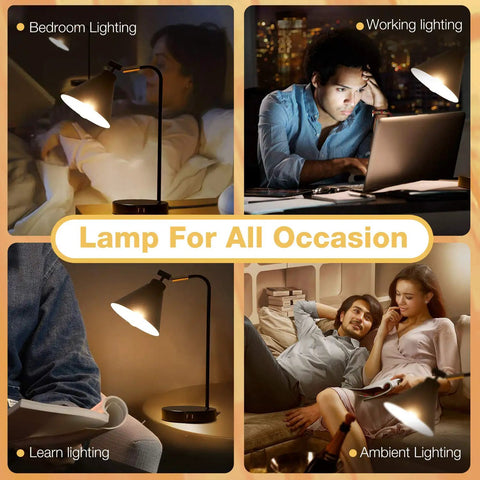Dimmable Touch Bedside Lamp With 2 USB Ports And AC Outlet Industrial Black Nightstand Reading Light With Metal Flexible Gooseneck in various uses.