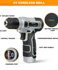 8V cordless drill with keyless chuck, LED light, battery indicator, part of Upgradd 180 Piece Tool Set With 8V Cordless Drill Lightweight Home Repair Kit For DIYers Homeowners And Handymen Includes Hand Tools Screwdrivers Bit Set Wrench Pliers And More For Quick Fixes At Home And On The Job Grab And Go Convenience