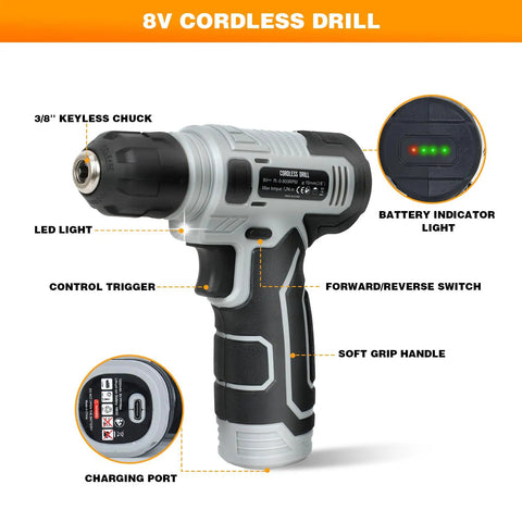8V cordless drill with keyless chuck, LED light, battery indicator, part of Upgradd 180 Piece Tool Set With 8V Cordless Drill Lightweight Home Repair Kit For DIYers Homeowners And Handymen Includes Hand Tools Screwdrivers Bit Set Wrench Pliers And More For Quick Fixes At Home And On The Job Grab And Go Convenience