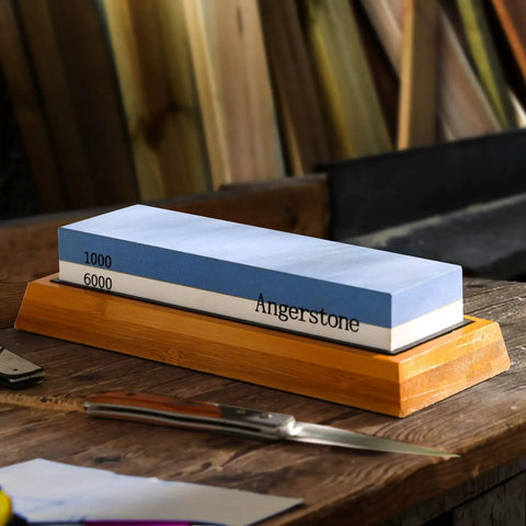 Premium Knife Sharpening Stone Whetstone 1000 6000 Grit With Non Slip Base on wooden table
