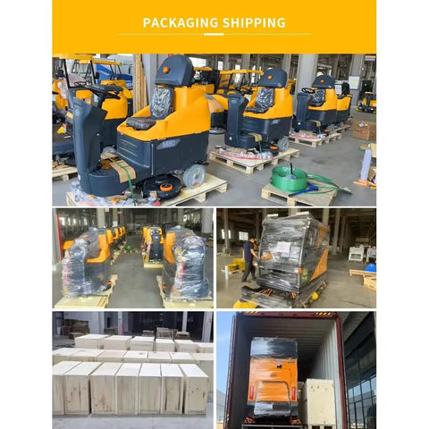Top Shelf Ride On Automatic Floor Scrubber 33 Inch Wide Cleaning Path Heavy Duty Commercial Floor Washer in shipping area, packed for transport.