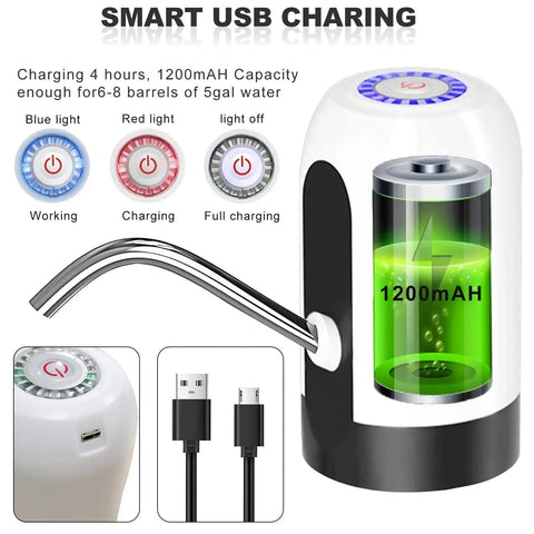 Electric 5 Gallon Water Dispenser Pump Portable USB Rechargeable For Universal 2 To 5 Gallon Bottles Leak Proof Silicone Tube