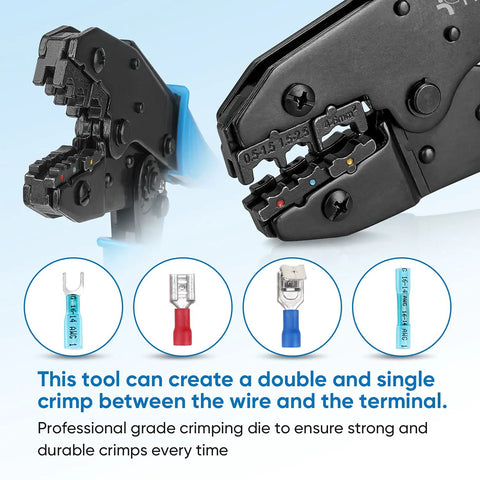 Heat Shrink Connector Crimping Tool With Ratcheting Crimper Pliers, open jaws detail, 30C Die Blue terminals.