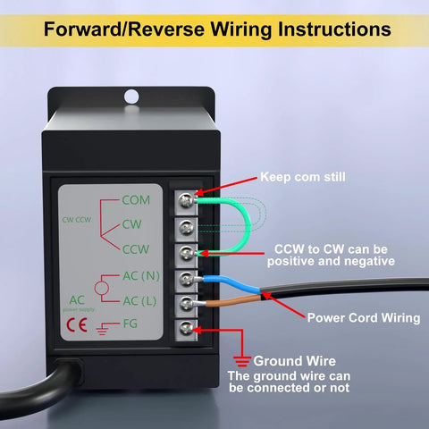 Wiring instructions for Electric AC Worm Gear Motor 180W With 1 To 15 Reducer 95 RPM Output Reversible Variable Speed 18mm Shaft