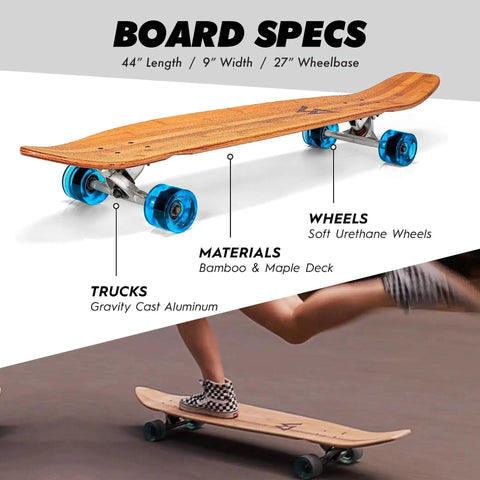 Kicktail Cruiser Longboard For Commuting And Carving Bamboo Deck With Maple Core 44 By 9 Inches Smooth 78A Wheels Blue Finish