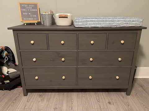 Dark wood dresser with 30 Pack Unfinished Solid Round Natural Wood Cabinet Knobs Do It Yourself Drawer Pulls For Dresser Wardrobe Cupboard And Furniture Drawers Ready To Stain Or Paint One And Three Eighths Inch Diameter installed.