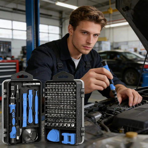 Man using the 115-In-1 Precision Screwdriver Set With Magnetic Bits Clutch Head Non Slip Ergonomic Handle Tweezers for auto repair, kit in foreground.