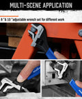 Go-To Three Piece Adjustable Wrench Set With 6, 8, 10 Inch Wide Jaw Wrenches in use for home and auto repair projects.