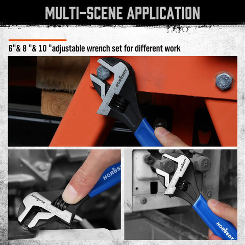 Go-To Three Piece Adjustable Wrench Set With 6, 8, 10 Inch Wide Jaw Wrenches in use for home and auto repair projects.