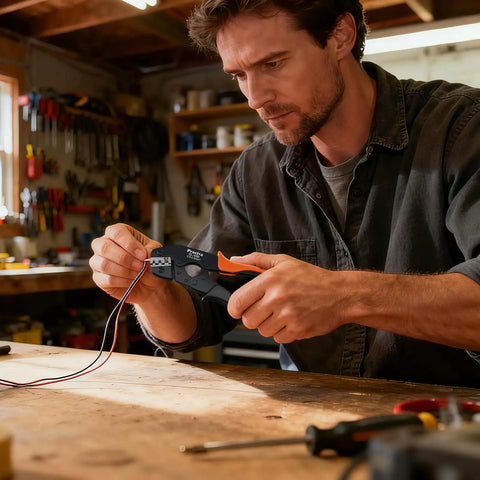 Workhorse Ratcheting Wire Crimping Tool With AWG 22 To 14 Carbide Jaws And Solid Grip for precise wire connections in home workspace.