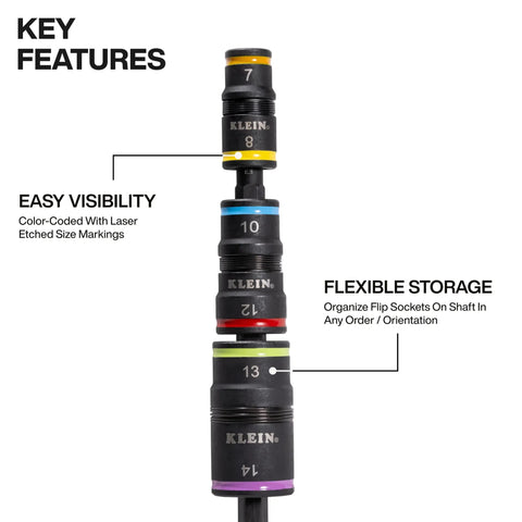 SAE And Metric Flip Socket Set With Six Flip Sockets, Twelve Hex Driver Sizes, showing color-coded laser etched markings.
